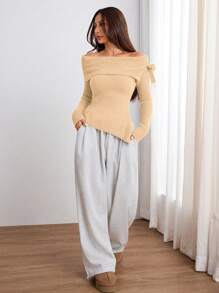 SHEIN Unity Women's Elegant Off Shoulder Split Knit Sweater, Casual For Autumn/Winter Knit Pullover Fall Sweater - Apricot - View 5