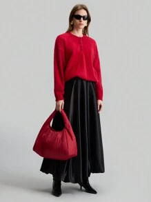 Ontre Suéter rojo esponjoso y holgado de cuello redondo con un solo botonadura, de estilo minimalista y versátil, ideal para días festivos y el Día de San Valentín. Moda casual femenina 2025