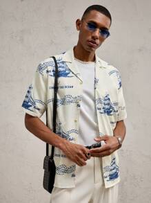 AKNOTIC Business Casual 男士编织图案印花翻领休闲短袖衬衫，适合夏季 - 杏色 - 查看 5