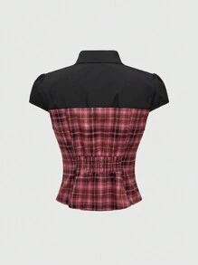 ROMWE Kawaii Retro Y2K Subkultura Harajuku Styl Patchwork Różowa Kratka Metalowa Dekoracja Hollow Koszula Dla Kobiet