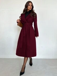 Firerie New Elegant Notched Collar Long Sleeve Cinched Waist A-Line Overcoat With Self-Tie Belt, Spring/Summer Outfits, Suitable For Valentine's Day - Burgundy - View 3