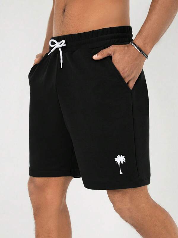 RueChic Pantaloni scurți pentru bărbați din bumbac, cu șnur, cu imprimeu arbore de cocos