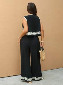 Elaquor 2 件大码女式杏色刺绣无袖背心和长裤套装 - 黑色 - 查看 2