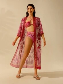 CAJUNI 女士波西米亚风橙色和粉色印花度假休闲夏季海滩游泳吊带比基尼上衣和下装泳装两件套 - 彩色 - 查看 7