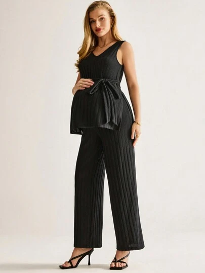 MaterniWear 2pcs Maternity Set - Lace-Up Vest Top And Adjustable Waist Wide Leg Pants, Solid Color
