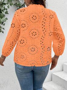 大码女式V领荷叶边纽扣刺绣镂空长袖休闲亚麻衬衫 - 橘色 - 查看 2