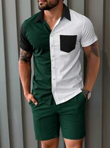 Manfinity Homme Men's Solid Color Patchwork Front Button Short Sleeve Pocket Shirt And Shorts Set, Minimalist - Multicolor - View 1