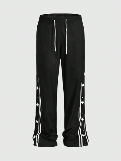 Street Life Men's Casual Star Print Front Tie Waist Trousers, Everyday Wear