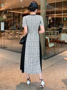 DAZY 女式拼色格子褶皱收腰中长连衣裙 - 灰色 - 查看 2