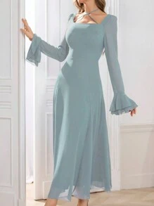 Modelyn 1 bucată rochie de damă elegantă, de precizie, la modă, cu mâneci evazate, cu gât pătrat, albastru bleumarin, ținută maxi pentru femei