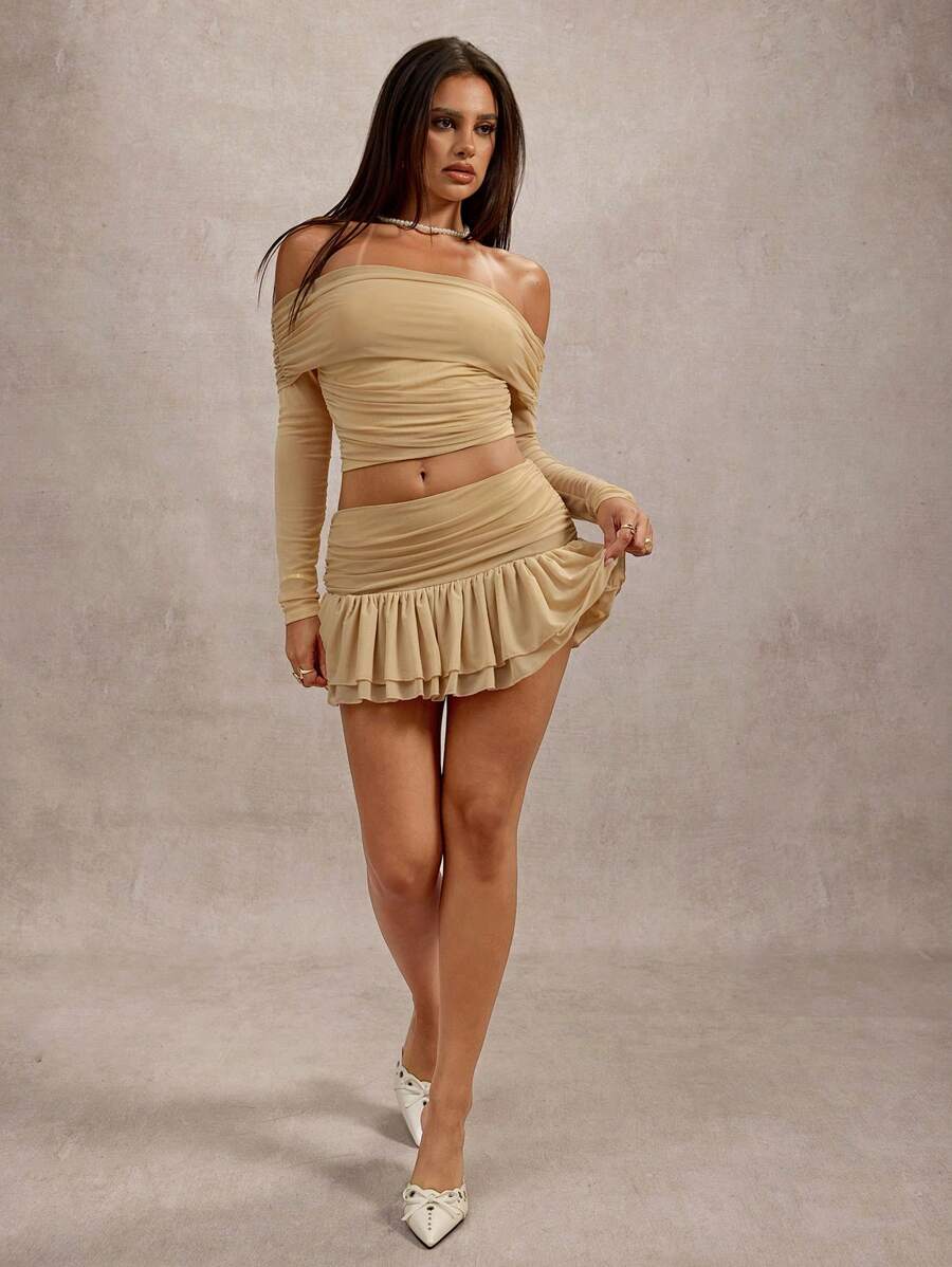 SHEIN BAE Damski, modny, jednokolorowy, odsłaniający ramiona, skrócony top i mini spódniczka, 2 sztuki - Kolor khaki - Zobacz 1