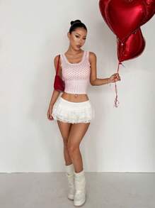 SHEIN Unity 甜美辣味蕾丝边心形图案修身短款吊带背心女式 - 白色 - 查看 3