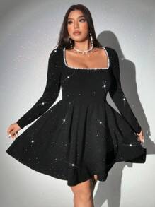 Viva Relle Plus Size Faux Pearl Decor Long Sleeve Casual Short Shift Dress