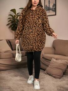 SHEIN LUNE 2 件大码纯色豹纹长袖连帽衫和裤子休闲套装冬季服装 - 彩色 - 查看 4