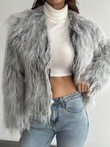 SHEIN Privé Women Vintage Faux Fur Coat, Open Front Furry Collar Fuzzy Jacket, Fashion Winter Outwear, Suitable For Valentine's Day - Grey - View 12