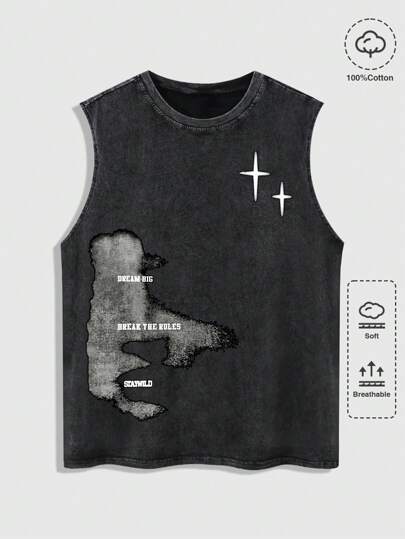 Men's Gothic Cross Print Washed Snow Flake Pattern Tank Top