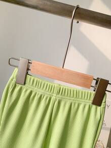 2 peças/conjunto Menina Bebê Criança Pequena 0-3 Anos Casual Versátil Verde Impressão de Frutas Malha Canelada Gola Polo Manga Curta Top e Calça Flare Conjunto, Confortável para Casa e Passeios, Primavera/Verão - Verde - Visão 8