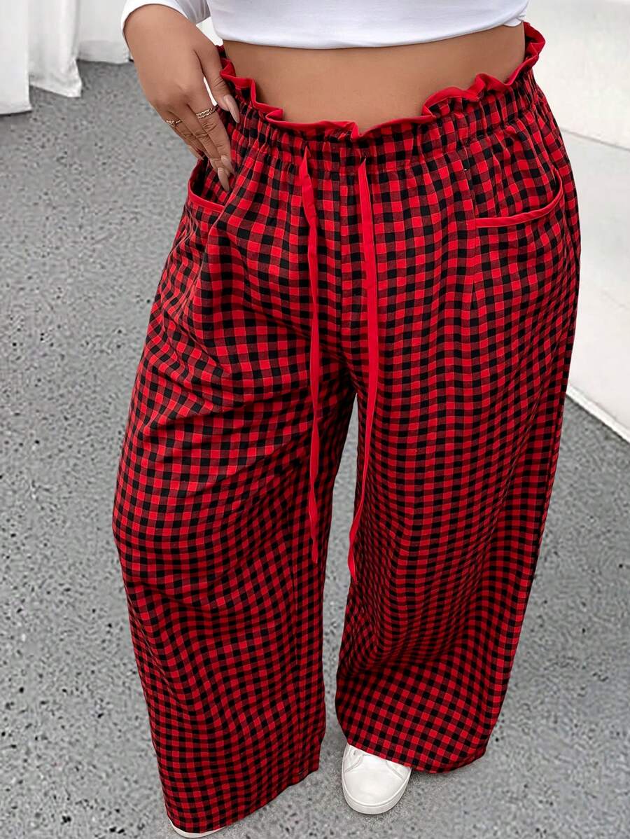 Flirla Back To School Plaid High Waist Slimming Unique Design Straight-Leg Wide Leg Pants, Plus Size - Red - View 1