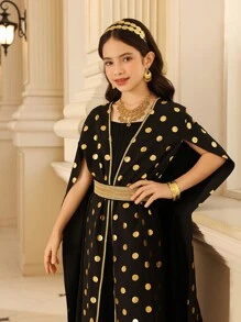 2pcs/Set Tween Girl Polka Dot Pattern Dress And Slip Dress - Black - View 3