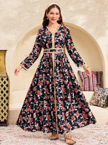 SHEIN Teen Girls' Woven Rose Print Floral Trim V-Neck Long Sleeve Dress, Suitable For Vacation, Spring/Summer, Ramadan, National Day, Eid Al-Fitr, Eid Al-Adha - Multicolor - View 2