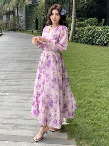 DAZY 女士花卉印花中长度假连衣裙，春秋季长袖连衣裙 - 淡紫色 - 查看 3