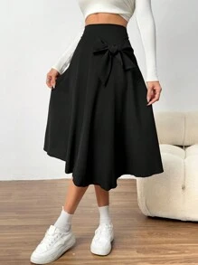 Elegant Minimalist Black Woven Skirt With Detachable Bow Decoration For Teenage Girls, High Waist Design Suitable For Spring And Summer, Versatile To Match Blouse, T-Shirt, Polo Shirt, Great For Valentine's Day,Holiday,Summer,Travel - Black - View 4