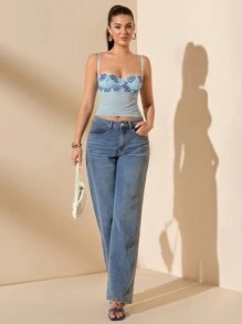 SHEIN BAE Áo ba lỗ không tay thêu hoa & đính vải cho nữ - Màu xanh lam - Xem 4