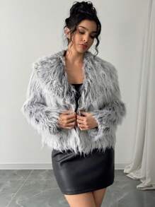 SHEIN Privé Women Vintage Faux Fur Coat, Open Front Furry Collar Fuzzy Jacket, Fashion Winter Outwear, Suitable For Valentine's Day - Grey - View 8