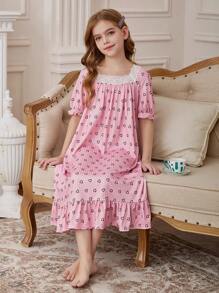 SHEIN Leap Crew Tween Girl Korean Minimalist Heart Pattern Lace Trim Puff Sleeve Ruffle Hem Loose Nightgown - Baby Pink - View 5