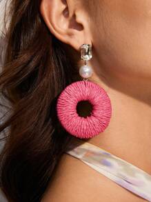 SHEIN VCAY Handmade Bohemian Raffia Dangle Earrings With Faux Pearl For Valentine's Day