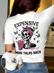 SHEIN Slayr 女士骷髅印花圆领短袖 T 恤、夏季图案 T 恤、万圣节服装 - 白色 - 查看 1