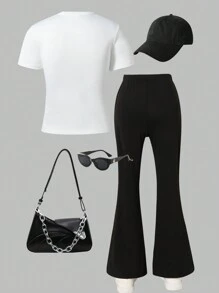 SHEIN 2pcs Tween Girl White Loose Short Sleeve T-Shirt & Black Bowknot + Black Flared Pants Outfit Set - White - View 2