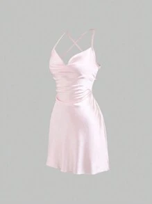 Sweetra Women's Satin Cross Back Strap Cami Swing Dress