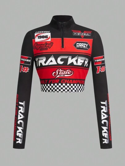 SHEIN ICON 运动风格印花半拉链长袖 Y2K 图案 T 恤