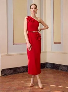ZEYLAH WOMEN'S FLORAL PATCHED ONE SHOULDER MIDI DRESS FOR VALENTINE'S DAY OUTFIT, EVENING DRESS, ELEGANT STYLE,SPRING/SUMMER - Red - View 6
