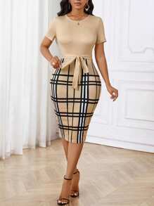 SHEIN Lady Black Shirt Collar Printed Women's Dress Zipper Design Slim Fit Women's Dress - Khaki - View 4