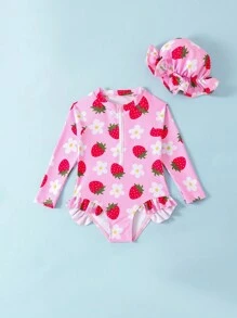 Young Girl Zipper Front Long Sleeve Simple One-Piece Swimsuit With Random Print - Multicolor - View 5