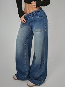 Jeanoix 大码休闲水洗低腰阔腿牛仔裤 - 藍色 - 查看 1