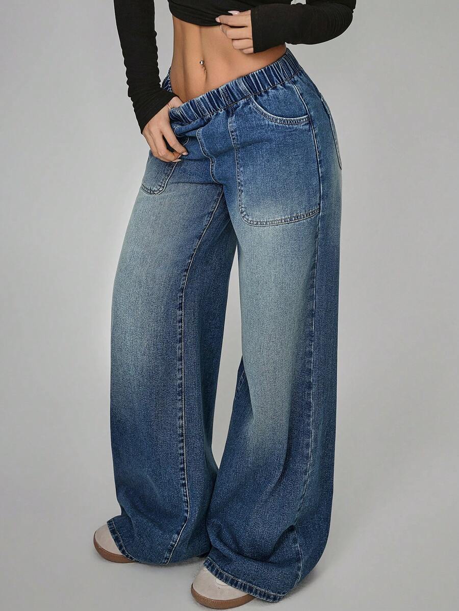Jeanoix 大码休闲水洗低腰阔腿牛仔裤 - 藍色 - 查看 1