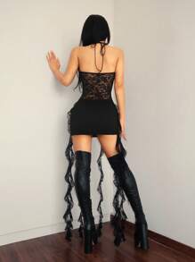 SHEIN ICON Conjunto de 2 piezas negro formado por top con espalda de encaje y volantes y minifalda ajustada tipo ajustado estilo Y2K - Negro - Ver 2