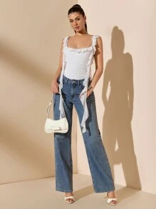 SHEIN BAE Body de mujer con cuello de corazón, arrugado, con volantes y de un solo color blanco texturizado con encaje, adecuado para el Día de San Valentín y uso diario