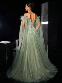 Glamrae Elegant Luxurious Off Shoulder Fluffy Dress With Embroidered Sequin Mesh Overlay, Suitable For Wedding, Party, Gala, Evening Occasion, Wedding Guest Dress, Formal Dress,Gown