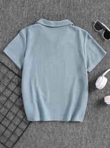 SHEIN 1pc Tween Boys' Casual Collared Short Sleeve Textured Patch Polo Shirt, Spring/Summer - Blue - View 2