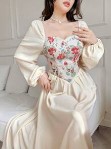 Feyla 女士优雅提花拼接泡泡袖阿拉伯风格连衣裙