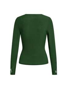 Gownix 女士花卉蕾丝饰边领口和袖口优雅休闲上衣 - 墨綠色 - 查看 9