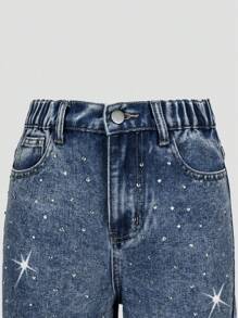 SHEIN Explorewe Tween Girl Casual Loose Grey Rhinestone Wash Wide Leg Jeans - Dark Wash - View 3