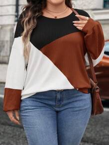 SHEIN LUNE Plus Size Casual Contrast Color Round Neck Lantern Sleeve Sweatshirt, Autumn Plus Size Fall Clothes - Rust Brown - View 1