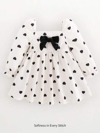 Cozy Pixies 女婴情人节心形图案撞色大蝴蝶结心形印花领长袖束腰可爱公主风连衣裙