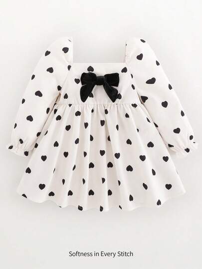 Cozy Pixies 女婴情人节心形图案撞色大蝴蝶结心形印花领长袖束腰可爱公主风连衣裙