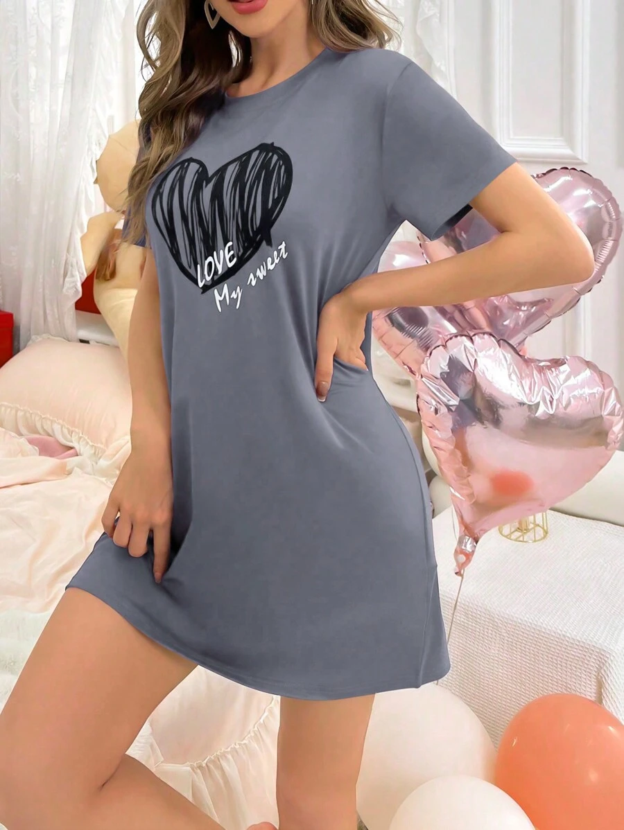 CoupledUp Black Heart & White Letter Print Nightgown
